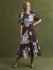 Florere Linen Silk Puff Sleeve Midi Dress - Image 5 of 6