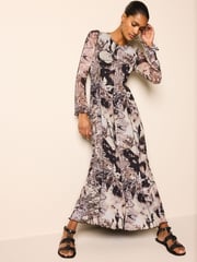 Neutral Digital Abstract Mesh Longsleeve Maxi Dress - Image 1 of 6