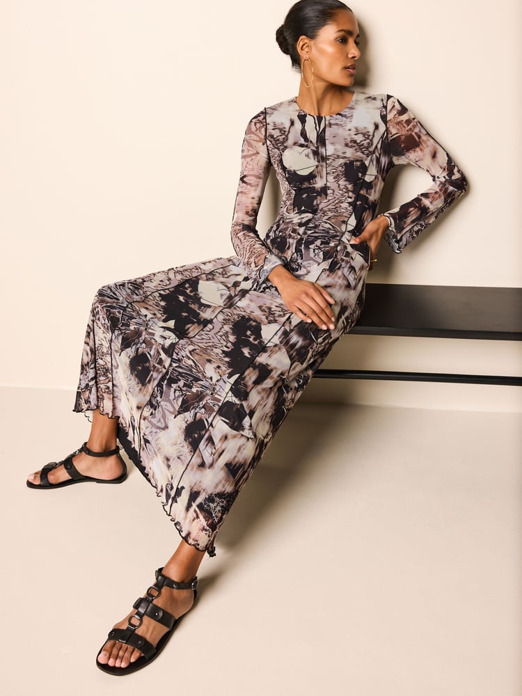 Neutral Digital Abstract Mesh Longsleeve Maxi Dress - Image 2 of 6