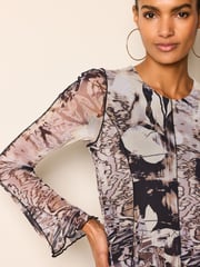Neutral Digital Abstract Mesh Longsleeve Maxi Dress - Image 4 of 6