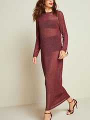 Berry Red Crochet Mesh Sparkle Sheer Long Sleeve Midi Length Dress - Image 2 of 6