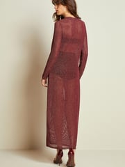 Berry Red Crochet Mesh Sparkle Sheer Long Sleeve Midi Length Dress - Image 3 of 6