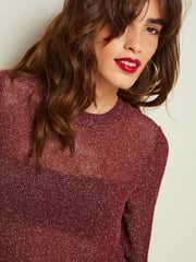 Berry Red Crochet Mesh Sparkle Sheer Long Sleeve Midi Length Dress - Image 4 of 6