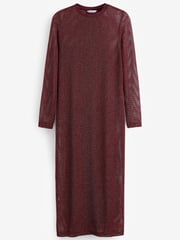 Berry Red Crochet Mesh Sparkle Sheer Long Sleeve Midi Length Dress - Image 5 of 6