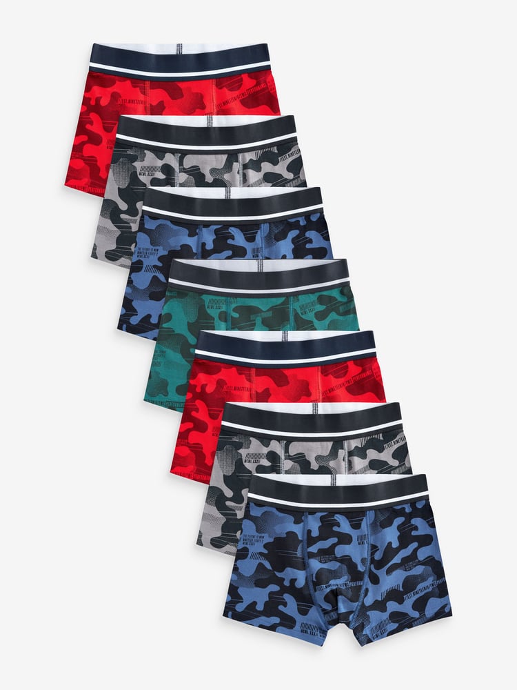 Red Blue Camoflague Trunks 7 Pack (3-16yrs) - Image 1 of 10 Red Blue Camoflague Trunks 7 Pack (3-16yrs) - Image 1 of 10