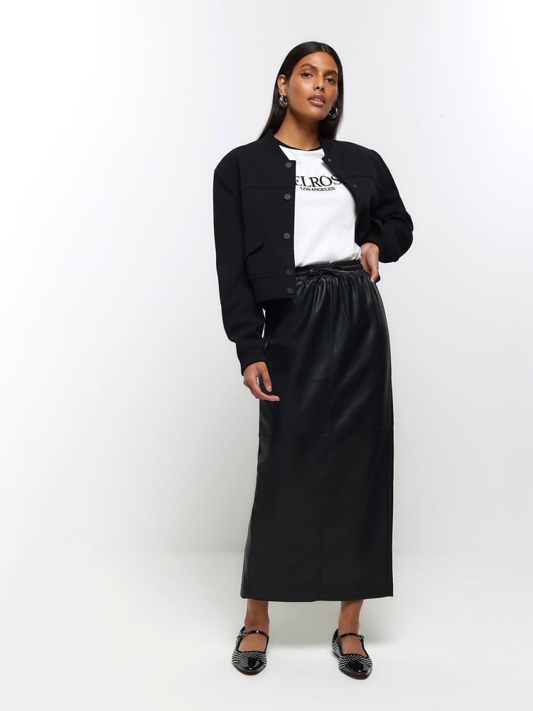 River Island Black Faux Leather Elasticated Maxi Skirt - Image 1 of 8