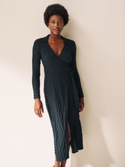 Petrol Blue Textured Long Sleeve Wrap Midi Dress - Image 1 of 6