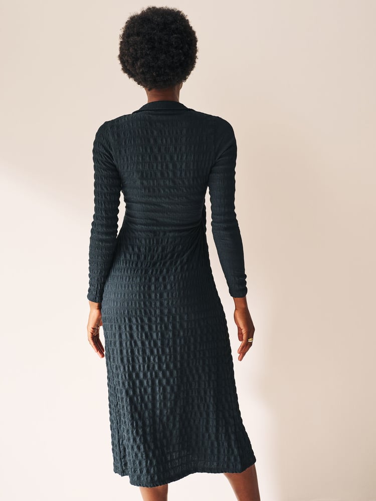 Petrol Blue Textured Long Sleeve Wrap Midi Dress - Image 2 of 6