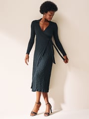 Petrol Blue Textured Long Sleeve Wrap Midi Dress - Image 3 of 6