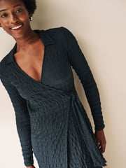 Petrol Blue Textured Long Sleeve Wrap Midi Dress - Image 4 of 6