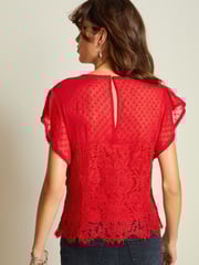 Red Lace Dobby Mix Short Sleeve Blouse - Image 1 of 6