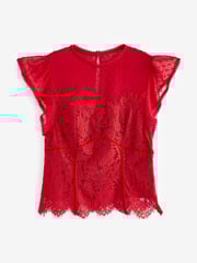Red Lace Dobby Mix Short Sleeve Blouse - Image 2 of 6