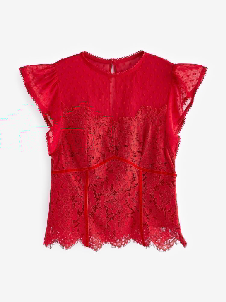 Red Lace Dobby Mix Short Sleeve Blouse - Image 2 of 6