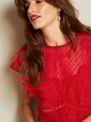 Red Lace Dobby Mix Short Sleeve Blouse - Image 4 of 6