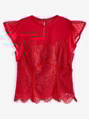 Red Lace Dobby Mix Short Sleeve Blouse - Image 5 of 6