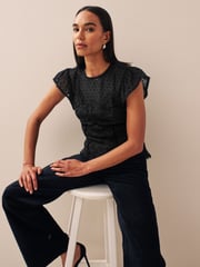 Black Lace Dobby Mix Short Sleeve Blouse - Image 4 of 7