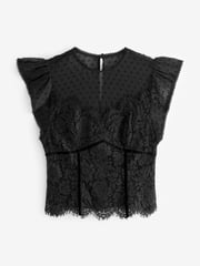 Black Lace Dobby Mix Short Sleeve Blouse - Image 6 of 7