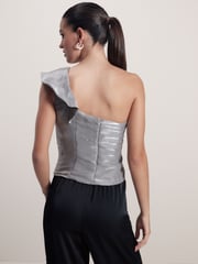 Silver Metallic Ruffle Detail One Shoulder Top - Image 3 of 7