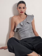 Silver Metallic Ruffle Detail One Shoulder Top - Image 4 of 7