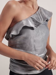 Silver Metallic Ruffle Detail One Shoulder Top - Image 5 of 7