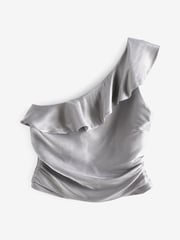 Silver Metallic Ruffle Detail One Shoulder Top - Image 6 of 7