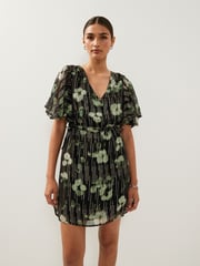 Black and Green Floral Flutter Sleeve Tie Waist Mini Dress - Image 1 of 4