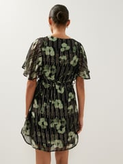 Black and Green Floral Flutter Sleeve Tie Waist Mini Dress - Image 2 of 4