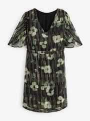 Black and Green Floral Flutter Sleeve Tie Waist Mini Dress - Image 4 of 4