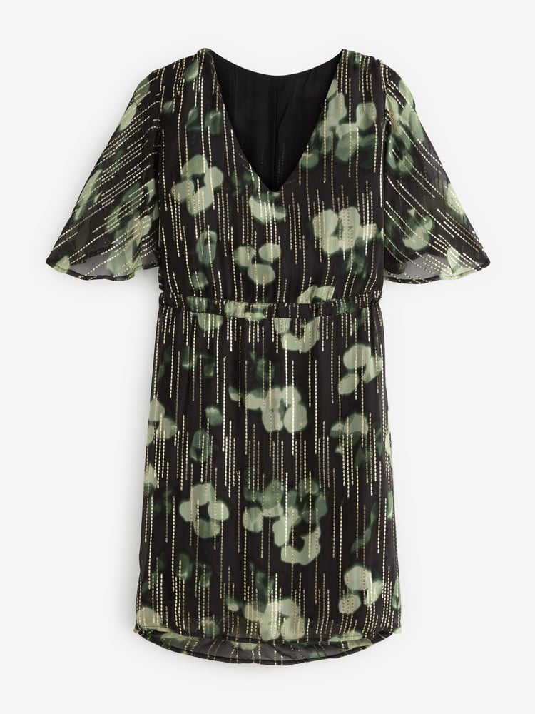 Black and Green Floral Flutter Sleeve Tie Waist Mini Dress - Image 4 of 4