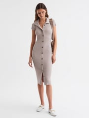 Reiss Neutral Megan Petite Knitted Ribbed Midi Dress - Image 1 of 6