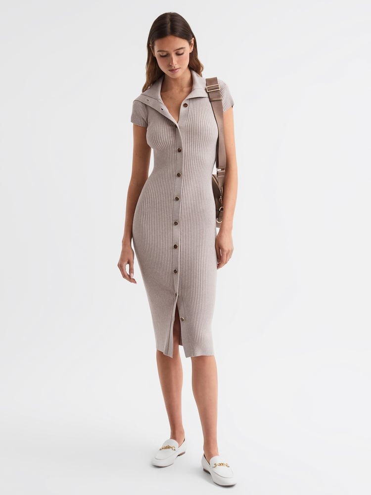 Reiss Neutral Megan Petite Knitted Ribbed Midi Dress - Image 1 of 6
