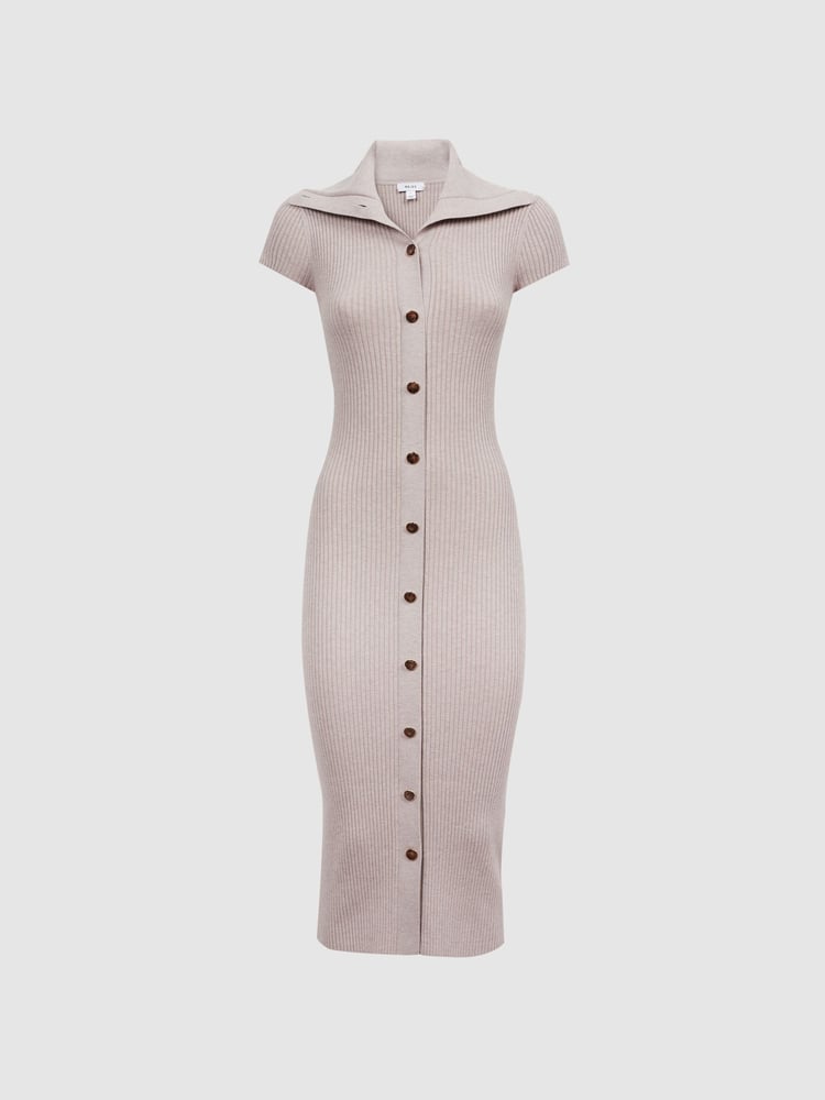 Reiss Neutral Megan Petite Knitted Ribbed Midi Dress - Image 2 of 6