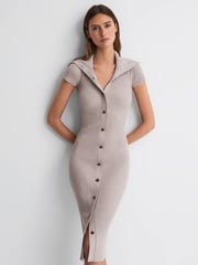 Reiss Neutral Megan Petite Knitted Ribbed Midi Dress - Image 3 of 6