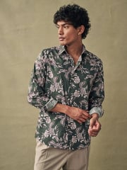 Olive Green/Neutral Brown Floral Slim Fit Printed Trimmed Shirt - Image 1 of 8