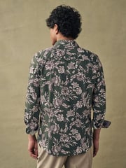 Olive Green/Neutral Brown Floral Slim Fit Printed Trimmed Shirt - Image 3 of 8
