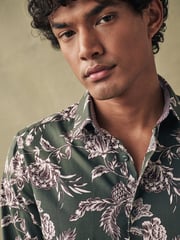Olive Green/Neutral Brown Floral Slim Fit Printed Trimmed Shirt - Image 4 of 8