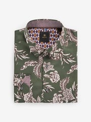 Olive Green/Neutral Brown Floral Slim Fit Printed Trimmed Shirt - Image 6 of 8