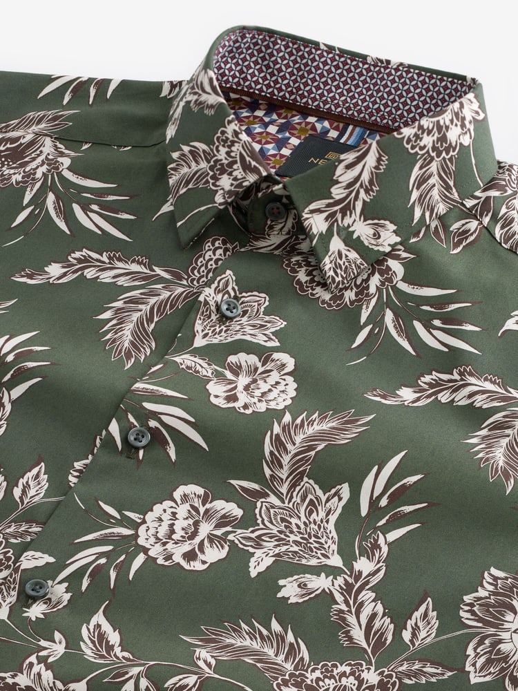 Olive Green/Neutral Brown Floral Slim Fit Printed Trimmed Shirt - Image 8 of 8