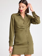 Khaki Green Asymmetric Crepe Mini Dress - Image 1 of 6
