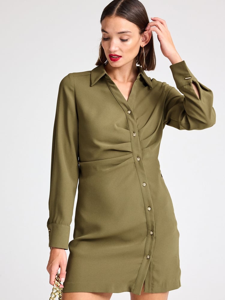 Khaki Green Asymmetric Crepe Mini Dress - Image 1 of 6