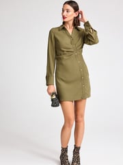 Khaki Green Asymmetric Crepe Mini Dress - Image 2 of 6