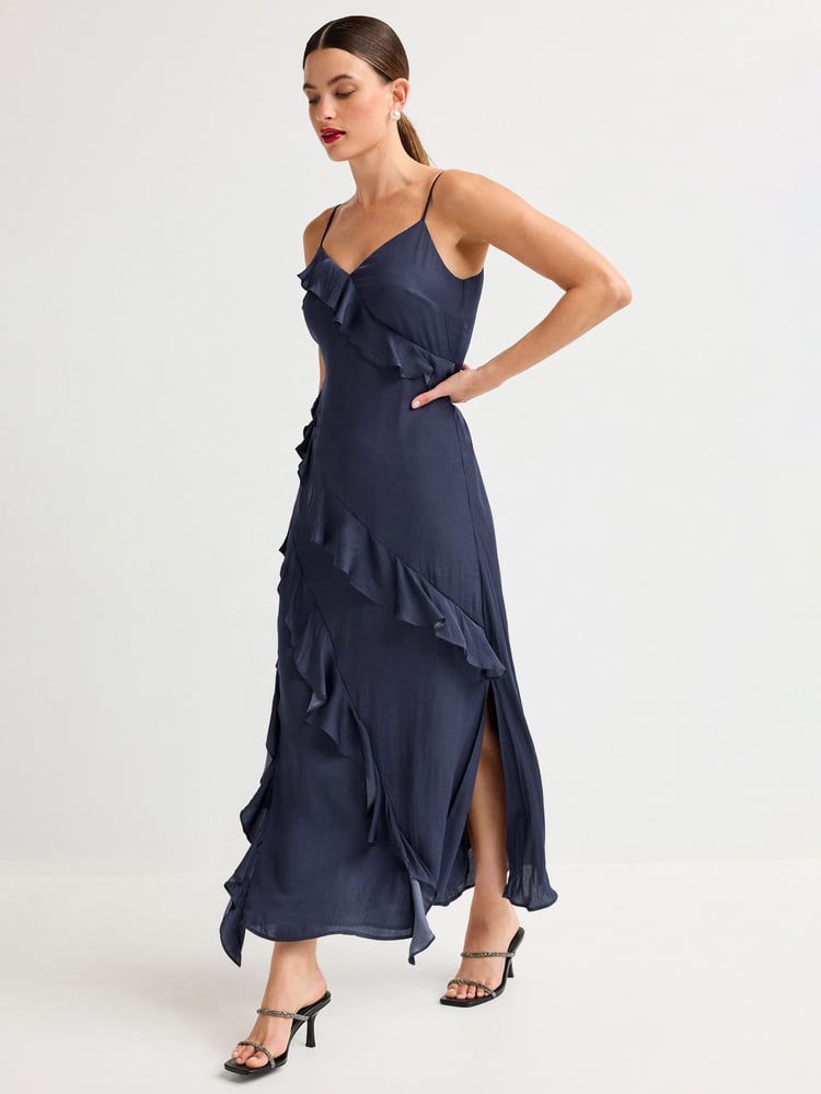 Navy Strappy Satin Ruffle Dress - Image 1 of 6