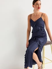 Navy Strappy Satin Ruffle Dress - Image 2 of 6