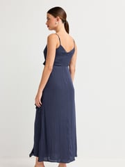 Navy Strappy Satin Ruffle Dress - Image 3 of 6