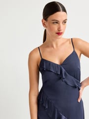 Navy Strappy Satin Ruffle Dress - Image 4 of 6