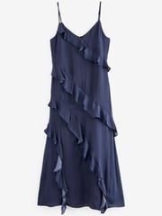 Navy Strappy Satin Ruffle Dress - Image 5 of 6