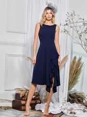 Jolie Moi Navy Blue Fit & Flare Ruffle Detail Midi Dress - Image 1 of 5