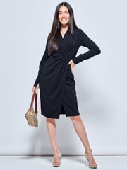 Jolie Moi Black Plain Wrap Front Buckle Shirt Dress - Image 1 of 5