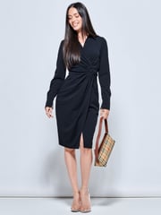 Jolie Moi Black Plain Wrap Front Buckle Shirt Dress - Image 3 of 5