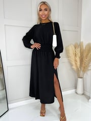AX Paris Long Sleeve Shirred Detail Black Midi Dress - Image 2 of 4